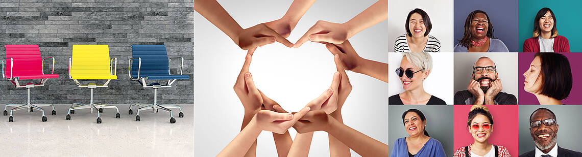 Drei bunte Stühle, viele Hände in einem Kreis, daneben Porträts von neun bzw. sechs Menschen