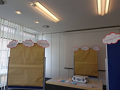 Station 3 des World-Cafes: Pinnwände mit den Stichwörtern „Ausprägung BEM“, „Datenschtz“ und „Nutzen des BEM“