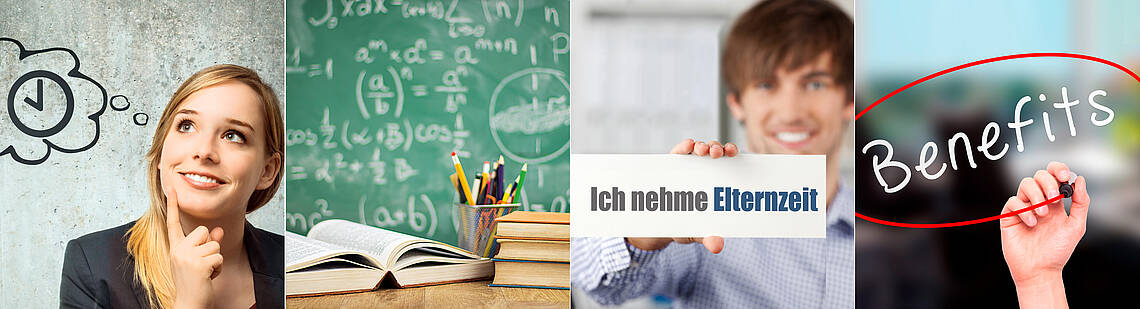 Vier verschiedene Bilder: Nachdenkliche Frau, Tafel, Mann der das Schild „Ich nehme Elternzeit“ in der Hand hält und die Aufschrift „Benefits“