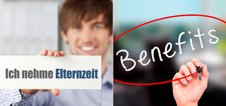 Vier verschiedene Bilder: Nachdenkliche Frau, Tafel, Mann der das Schild „Ich nehme Elternzeit“ in der Hand hält und die Aufschrift „Benefits“