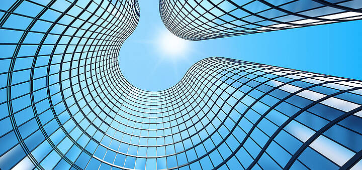 3D-Darstellung des morgendlichen perspektivischen Blicks auf die Glasfassade eines Hochhauses