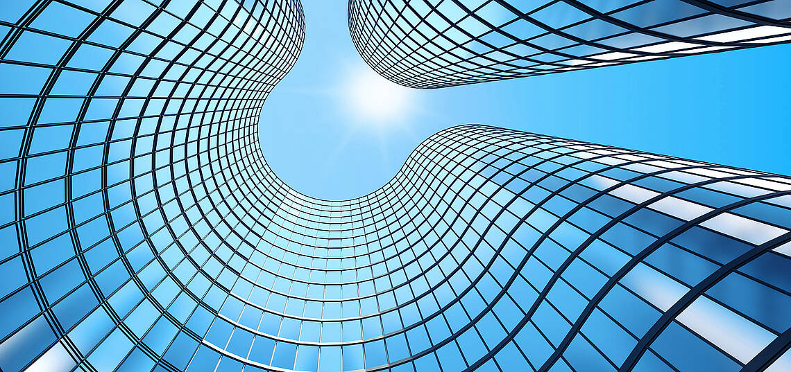 3D-Darstellung des morgendlichen perspektivischen Blicks auf die Glasfassade eines Hochhauses