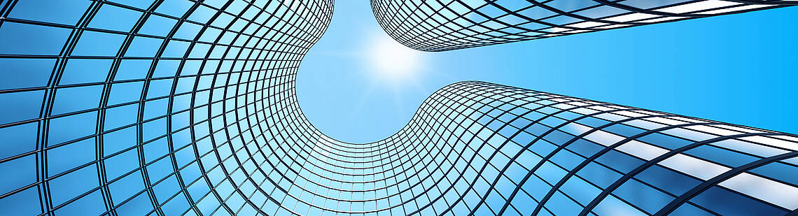 3D-Darstellung des morgendlichen perspektivischen Blicks auf die Glasfassade eines Hochhauses