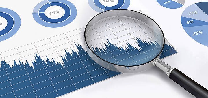 Lupe auf einem Blatt mit verschiedenen Diagrammtypen