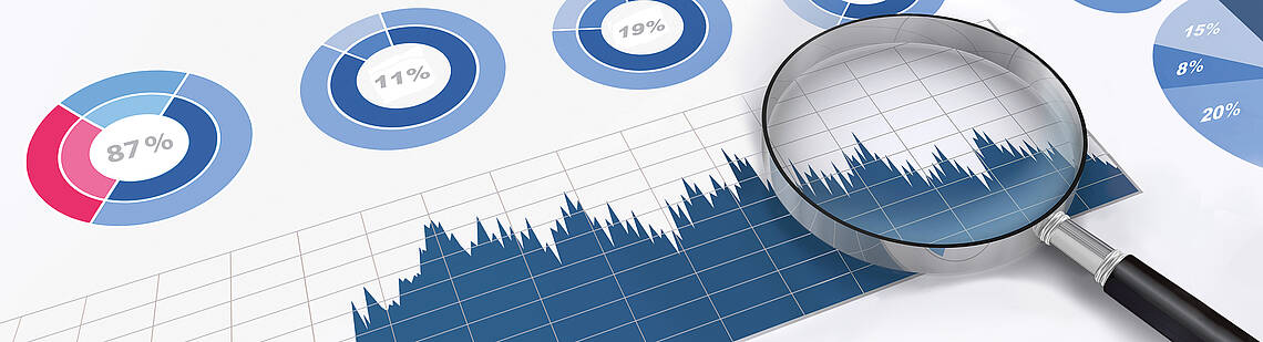 Lupe auf einem Blatt mit verschiedenen Diagrammtypen