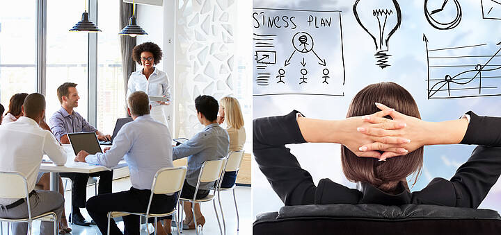 Drei verschiedene Abbildungen: Personen bei einer Besprechung, eine Frau auf einem Bürostuhl mit Blick auf verschiedene Aufzeichnungen und Frauen im Business-Look