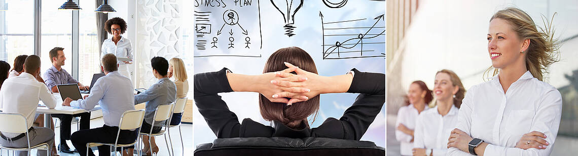 Drei verschiedene Abbildungen: Personen bei einer Besprechung, eine Frau auf einem Bürostuhl mit Blick auf verschiedene Aufzeichnungen und Frauen im Business-Look