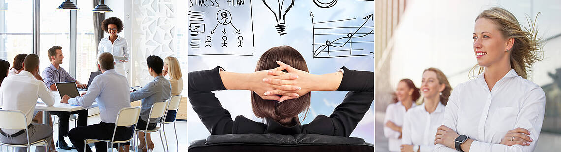 Drei verschiedene Abbildungen: Personen bei einer Besprechung, eine Frau auf einem Bürostuhl mit Blick auf verschiedene Aufzeichnungen und Frauen im Business-Look