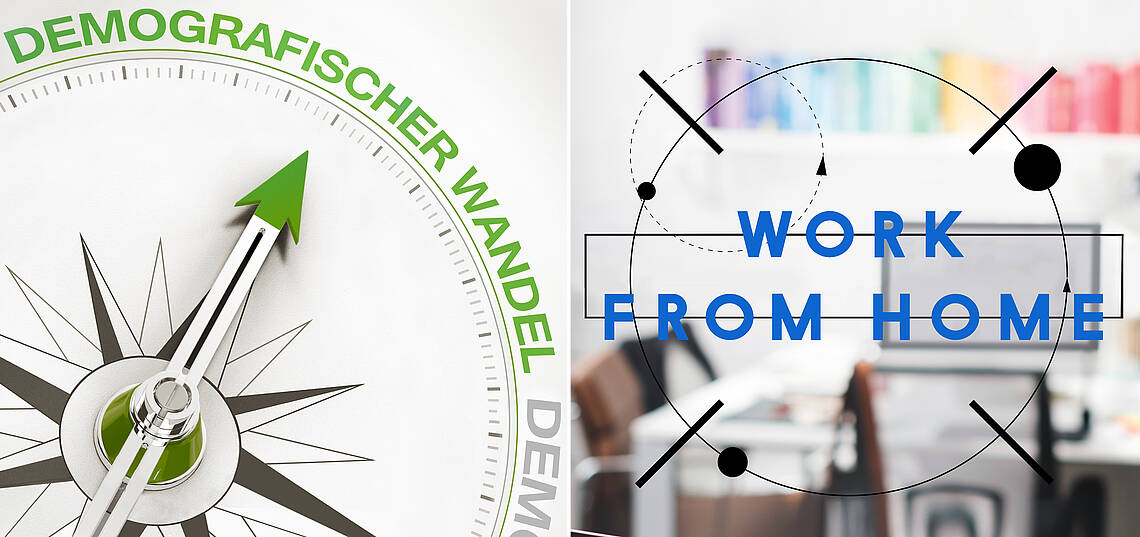 Tafel mit Aufschrift "Work Live Balance", Schüler, der mit einem Notebook auf einem Bücherstapel sitzt, Kompass mit Aufschrift "Demografischer Wandel, und Schriftzug "WORK FROM HOME"