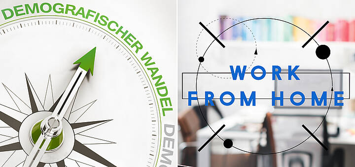 Tafel mit Aufschrift "Work Live Balance", Schüler, der mit einem Notebook auf einem Bücherstapel sitzt, Kompass mit Aufschrift "Demografischer Wandel, und Schriftzug "WORK FROM HOME"