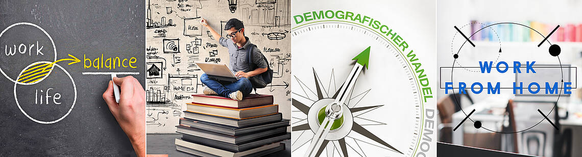 Tafel mit Aufschrift "Work Live Balance", Schüler, der mit einem Notebook auf einem Bücherstapel sitzt, Kompass mit Aufschrift "Demografischer Wandel, und Schriftzug "WORK FROM HOME"