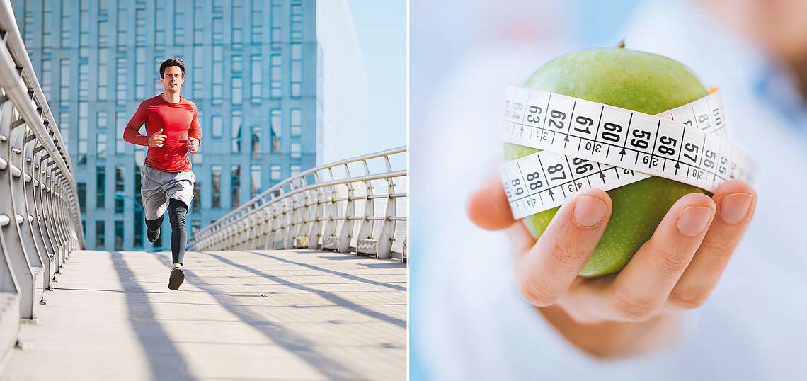 Foto eines Läufers, ein Apfel, um den ein Maßband gewickelt wurde, Pulsgrafik in Herzform über einer Hand schwebend