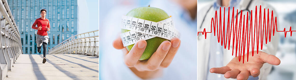 Foto eines Läufers, ein Apfel, um den ein Maßband gewickelt wurde, Pulsgrafik in Herzform über einer Hand schwebend