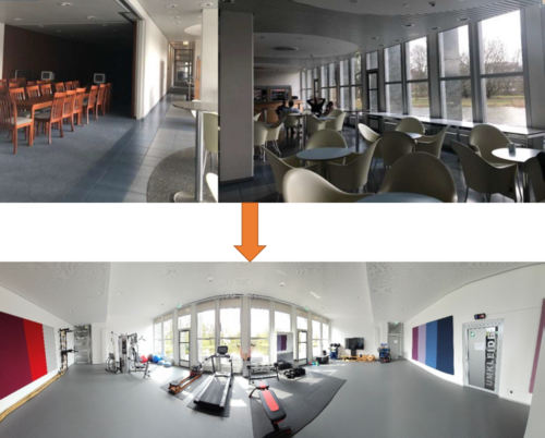 Bilder eines Aufenthaltsraums und eines Fitnessstudios