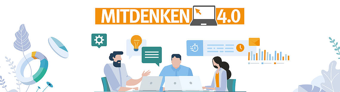 Stilisierte Besprechung dreier Personen mit der Überschrift „Mitdenken 4.0“