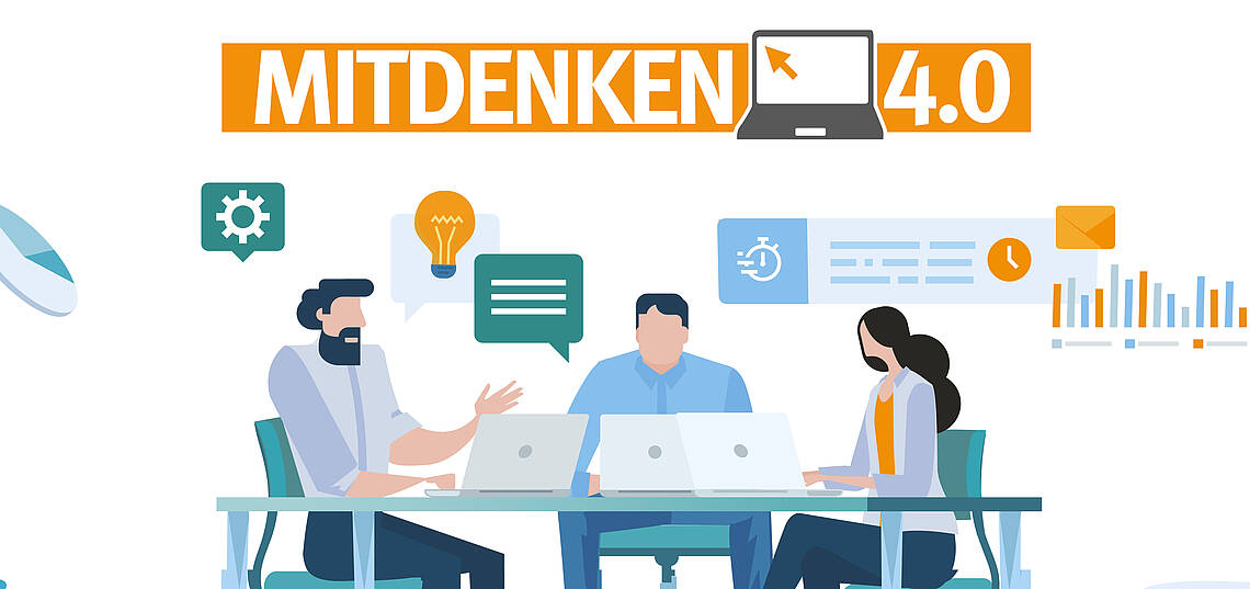 Stilisierte Besprechung dreier Personen mit der Überschrift „Mitdenken 4.0“